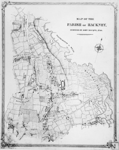 Hackneyn seurakunnan kartta, kartoittanut John Rocque (n. 1709-1762) 1745 tekijältä English School