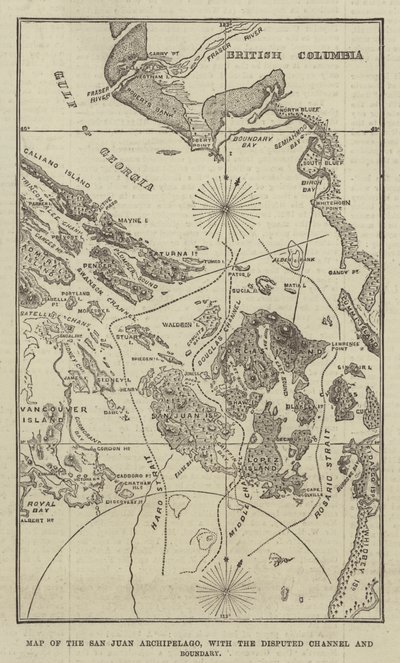 San Juanin saariston kartta, jossa kiistanalainen kanava ja raja (kaiverrus) tekijältä English School