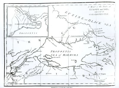 Kartta Konstantinopoliin rajoittuvista Euroopan ja Aasian osista, Edward Gibbonin teoksesta "The History of the Decline and Fall of the Roman Empire", osa 9, 1808. tekijältä English School