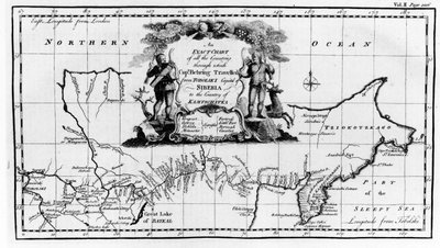 Kartta Vitus Beringin (1681-1741) Siperian halki Kamtšatkaan kulkemasta reitistä Navigantium atque Itinerantium Bibliothecasta, julkaistu 1744 tekijältä English School