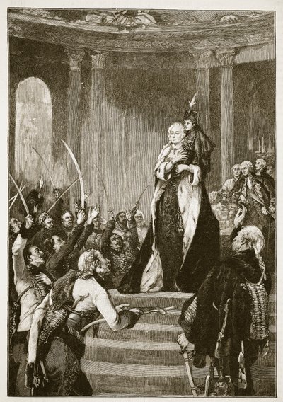 Maria Theresa ja Unkarin parlamentti, kuvitus Cassells Illustrated History of Englandista (seepiakuva) tekijältä English School