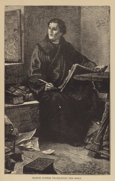 Martin Luther kääntää Raamattua (kaiverrus) tekijältä English School