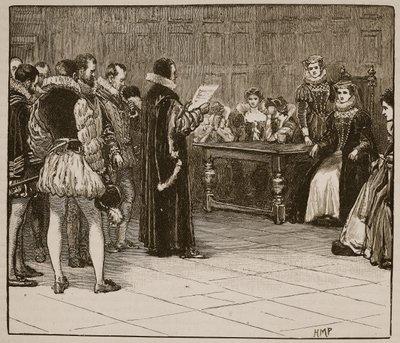 Mary Queen of Scots saa vihjeitä tuomiostaan, kuvitus Cassells Illustrated History of Englandista (seepiakuva) tekijältä English School