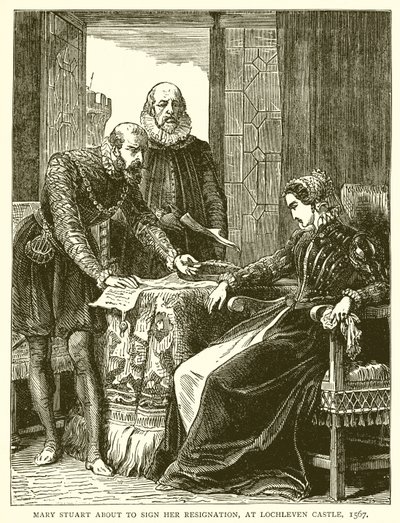 Mary Stuart allekirjoittaa eronsa Lochlevenin linnassa, 1567 tekijältä English School