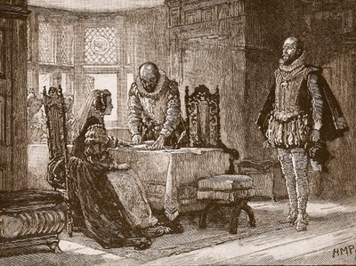 Maria allekirjoittaa luopumiskirjaa Lochlevenin linnassa, kuvitus Cassells Illustrated History of Englandista (seepiakuva) tekijältä English School