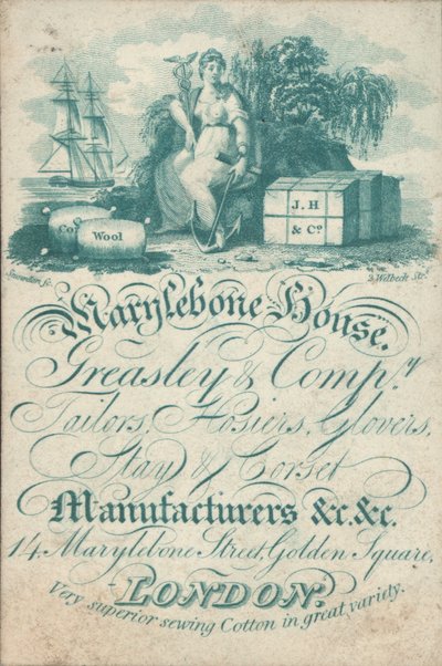Marylebone House, Greasley & Co, räätälit, sukkahousut, käsineet, asuntojen ja korsettien valmistajat, 14 Marylebone Street, Golden Square, kauppakortti tekijältä English School