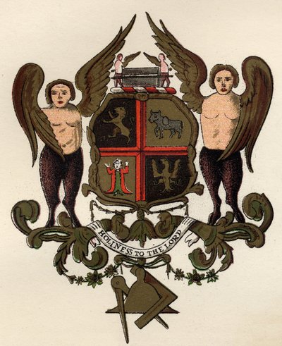 Vapaamuurarien käsivarret W.H.Y:n hallussa olevan maalatun paneelin jälkeen. Rylands, The History of Freemasonry, osa II, julkaisija Thomas C. Jack, Lontoo, 1883 tekijältä English School