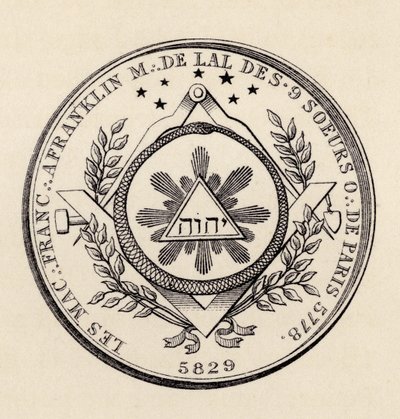 Vapaamuurarien sinetti, julkaisusta "The History of Freemasonry, osa III", julkaisija Thomas C. Jack, Lontoo, 1883 tekijältä English School