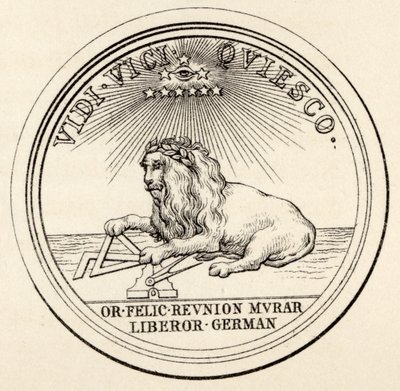 Vapaamuurarien sinetti, julkaisusta "The History of Freemasonry, osa III", julkaisija Thomas C. Jack, Lontoo, 1883 tekijältä English School