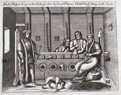 Mestari Philpots ollessaan Colehousessa, jossa hän löysi papin Thomas Whittlen istumasta varastossa, kuvitus John Foxen teoksista Acts and Monuments, yhdeksäs painos, pubi. 1684 tekijältä English School