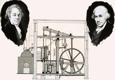 Matthew Boulton ja James Watt yhdellä patentoiduista höyrykoneista tekijältä English School