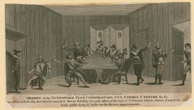 Gunpowder Plotin salaliittolaisten, Guy Fawkesin, Catesbyn jne. tapaaminen tekijältä English School