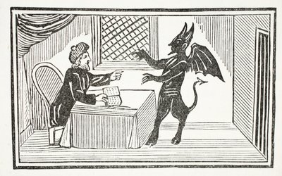 Mefistofeles tulee tohtoreiden taloon, kuvitus John Ashtonin pubista Chap-books of the Eightenth Century. 1882 tekijältä English School