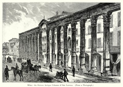 Milano: San Lorenzon kuusitoista antiikkipylvästä (kaiverrus). tekijältä English School