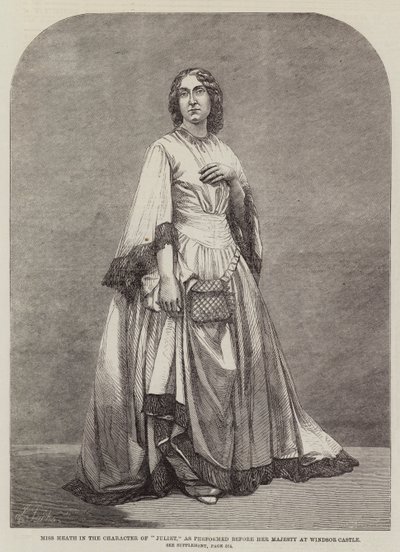 Miss Heath näyttelee "Julieta" hänen majesteettinsa edessä Windsorin linnassa (kaiverrus) tekijältä English School