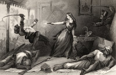 Miss Wheeler puolustaa itseään Sepoysia vastaan Cawnporessa vuonna 1857, vuonna 1858 julkaistusta "Intian kapinan historiasta" (kaiverrus) tekijältä English School