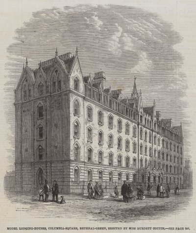 Malli Lodging-Houses, Columbia-Square, Bethnal-Green, pystyttänyt neiti Burdett Coutts (kaiverrus) tekijältä English School