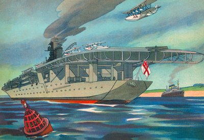 Nykyaikainen lentotukialus (värilitografia) tekijältä English School