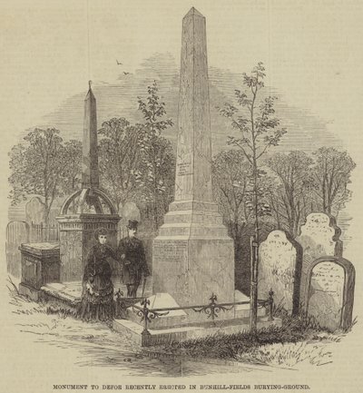 Muistomerkki Defoelle äskettäin pystytetty Bunhill-Fields Burying-Groundiin (kaiverrus) tekijältä English School