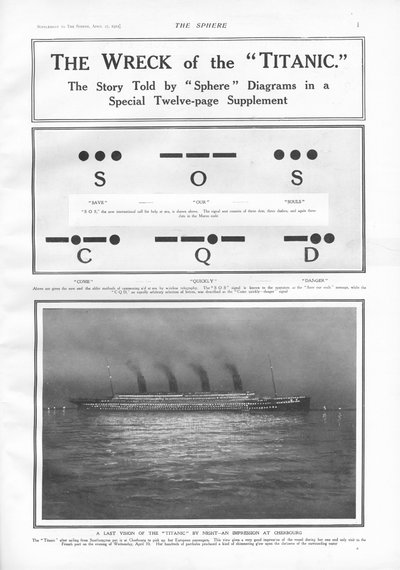 Morsekoodin signaaleja ja kuva höyrylaivasta, joka telakoitui Cherbourgiin yöllä, The Spherestä, 27. huhtikuuta 1912 tekijältä English School