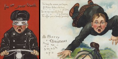 Moottoripyöräilyteemainen joulukortti (chromolitho) tekijältä English School