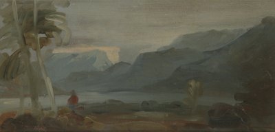 Vuoristoinen maisema, jossa on hahmoja ja karjaa, aiemmin J.M.W. Turner (1775-1851) ja myös Peter de Wint (1784-1849), 1806-07 (öljy paperille) tekijältä English School