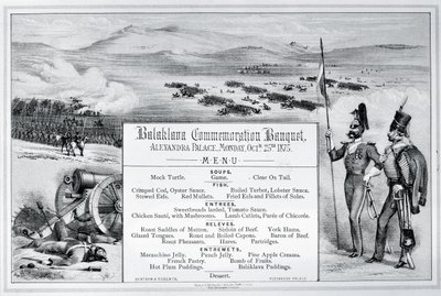 Asennettu kuvitettu menu Balaklava-juhlajuhlille, jotka pidettiin Alexandra Palacessa 25. lokakuuta 1875 (kaiverrus) tekijältä English School