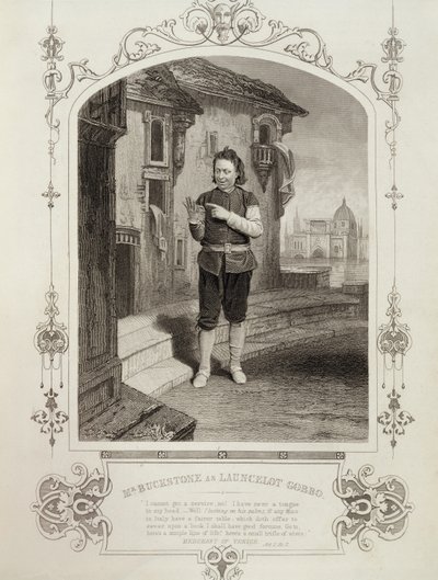 Herra Buckstone Lancelot Gobbon roolissa, II näytös, kohtaus 2, William Shakespearen (1564-1616) Venetsian kauppias tekijältä English School