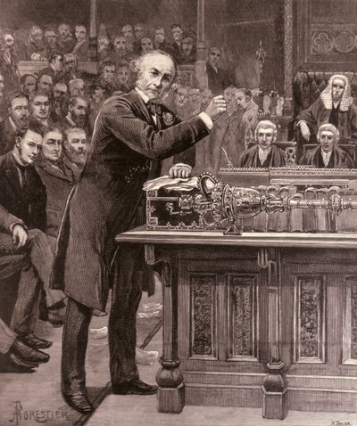 Mr. Gladstone selittää alahuoneelle Irlannin hallituksen suunnitelmaansa, "The Illustrated London News", 17. huhtikuuta 1886 tekijältä English School