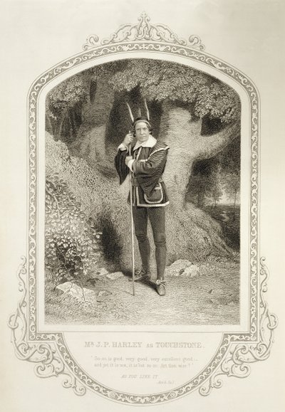 Mr J.P. Harley kosketuskivenä, näytös V, kohtaus 1, William Shakespearen (1564-1616) teoksessa Kuten pidät, George Hollisin (1792-1842) kaivertama J.P. Mayallin (1810-1901) dagerrotypiaan tekijältä English School