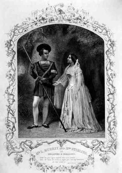 Herra L. Murray Orlandona ja rouva Stirling Rosalindina, näytös V kohtaus 4, William Shakespearen (1564-1616) Kuten sinä pidät (kaiverrus) tekijältä English School