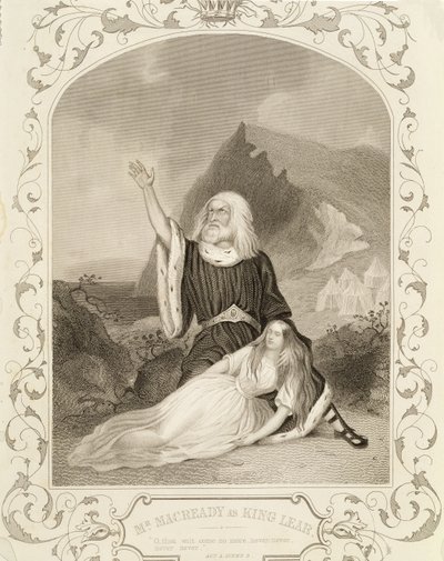Herra Macready kuningas Learin roolissa, näytös V, kohtaus 3, William Shakespearen (1564-1616) näytelmässä tekijältä English School