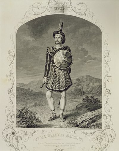 Mr Macready Macbethin roolissa, näytös I Scene 3, William Shakespearen (1564-1616) näytelmässä tekijältä English School