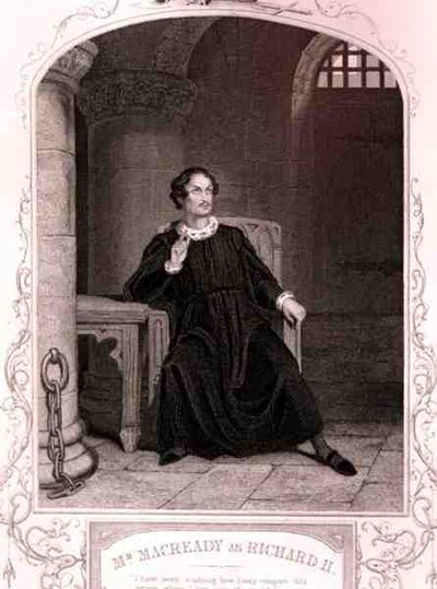 Mr Macready Richard II:na, näytös V, kohtaus 5, William Shakespearen (1564-1616) näytelmässä J. Rogersin kaiverrus (kaiverrus) tekijältä English School