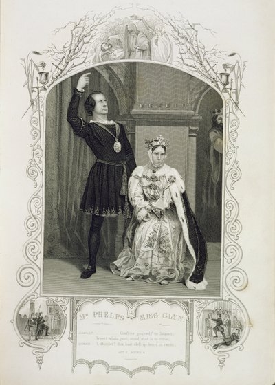 Herra Phelps Hamletina ja neiti Glyn kuningatar Gertrudena, näytöksen III kohtaus 4, William Shakespearen (1564-1616) Hamletissa tekijältä English School
