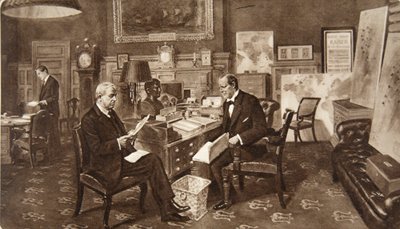 Mr. Winston Churchill huoneessaan Admiraltyssa neuvotellen Kilverstonen laivaston amiraalin Lord Fisherin kanssa, The Illustrated London News, 19. joulukuuta 1914 (syväpaino) tekijältä English School