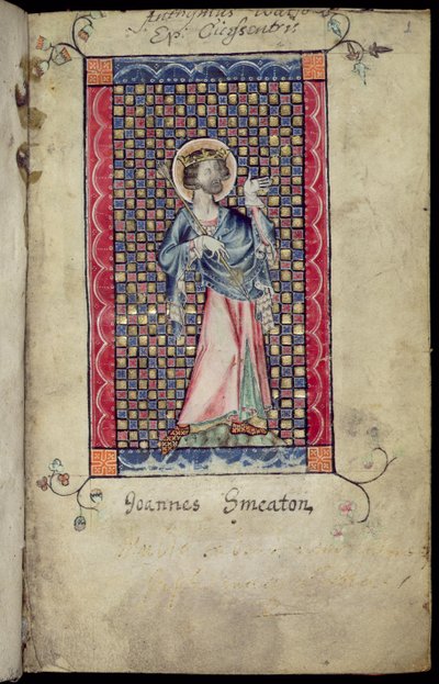 Ms 1-2005, f.1r: St. Edmund, miniatyyri Macclesfield Psalterista, Use of Sarum, East Anglia, n. 1330 tekijältä English School