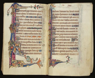 Ms 1-2005, ff.122v-123r: Groteski marginaalikoristelu Macclesfield Psalterista, Use of Sarum, East Anglia, n. 1330 tekijältä English School