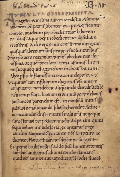 Ms. 197 f.1r Rule of St. Benedict tekijältä English School