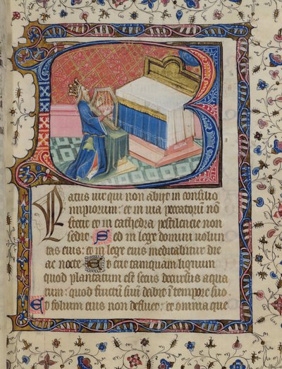 Ms 24 f.13 r. Psalmi 1, David Harping, Knightley Psalter, noin 1380 tekijältä English School