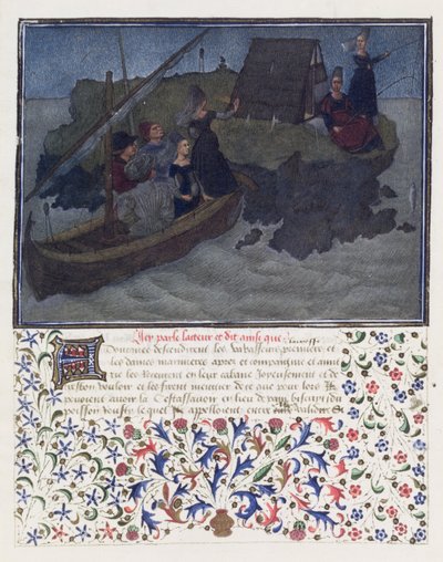 Ms. 2597 Sydän, halu ja anteliaisuus laskeutuvat yössä Sulhan ja Odotuksen kanssa Yhtiön ja Ystävyyden kalliolle, Rene dAnjoun Livre du Coeur dAmours Esprisin faksimilepainos (väri tekijältä English School