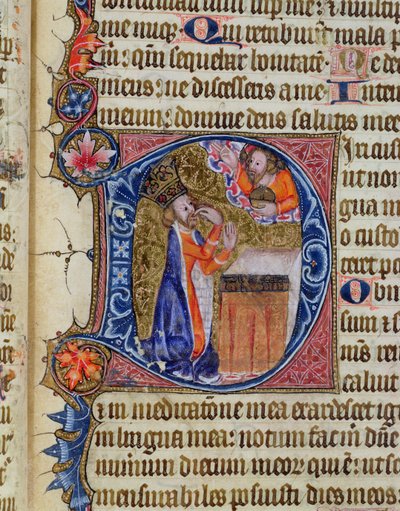 Ms 26 f.22r. Psalmi 38, Daavid osoittaa suuhunsa, Ramsey Abbey Psalter, n. 1380 tekijältä English School