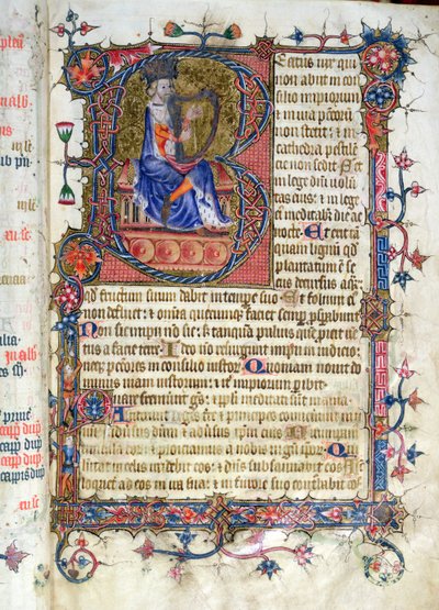 Ms 26 fol.7r. Psalmi 1, David harppu, Ramsey Abbey Psalter, n. 1380 tekijältä English School