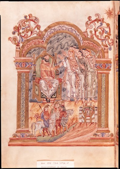 Ms 274 (Y-6) fol.36v Tiedaat vierailemassa kuningas Herodeksessa, Robert of Jumiegesin messaalista, n. 1016 tekijältä English School