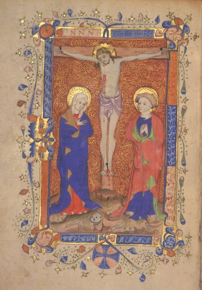 Ms 515 fol.108r Ristiinnaulitseminen Pyhän Marian ja Pyhän Johannes Kastajan kanssa, St. Botolph Aldersgaten messaalista, n. 1420-1430 tekijältä English School
