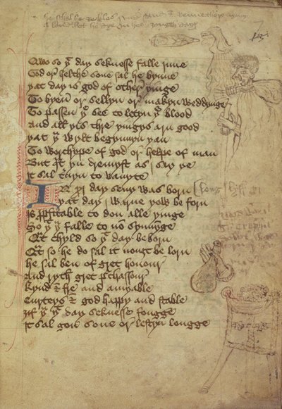 Ms. Harley 1735 fol.7r Sivu lääkärin muistikirjasta, joka on kirjoitettu keskienglanniksi (vellum) tekijältä English School