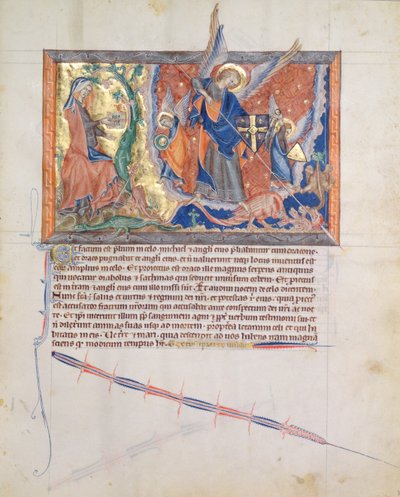 Ms L.A. 139-Lisboa fol.30 Nainen piilossa erämaassa, kun arkkienkeli Mikael taistelee lohikäärmettä vastaan taivaassa, Gulbenkian Apokalypsista, n. 1265-1270 tekijältä English School