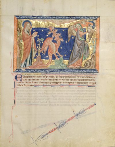 Ms L.A. 139-Lisboa fol.31 St. John katselemassa enkelin auttavan naista pakenemaan punaista lohikäärmettä, Gulbenkian Apokalypsista, n. 1265-70 tekijältä English School