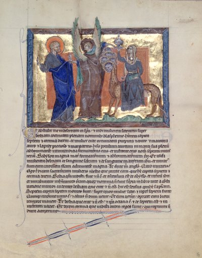 Ms L.A. 139-Lisboa fol.59 Enkeli, joka johdatti Pyhän Johannes evankelistan Babylonin portolle, Gulbenkian Apokalypsista, n. 1265-1270 tekijältä English School