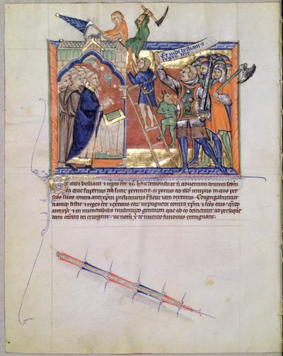Ms L.A. 139-Lisboa fol.66 Jumalallinen soturi, joka johtaa armeijaa uskollisia vastaan hyökkääviä vastaan, Gulbenkian Apokalypsista, n. 1265-1270 tekijältä English School
